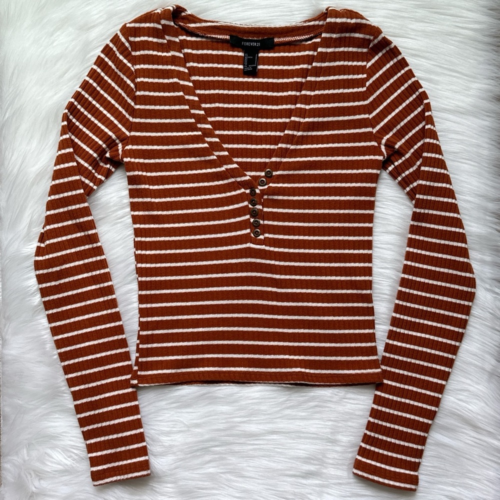 Forever 21 Brown and White Striped Long Sleeve Top